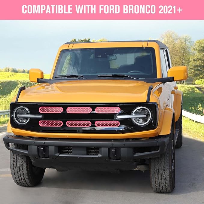 Jimen Compatible with Ford Bronco 2021-2023, 6PCS Front Grille Inserts Mesh Grill Cover Exterior Trim Accessories (Pink)