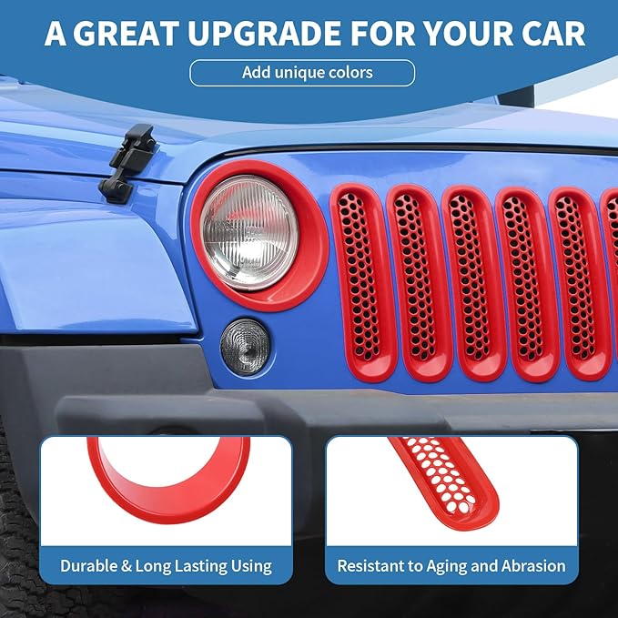 for Jeep JK Front Grille Inserts & Headlight Cover Trim Ring for Jeep Wrangler JK JKU 2007-2017 Red Exterior Accessories 9pcs