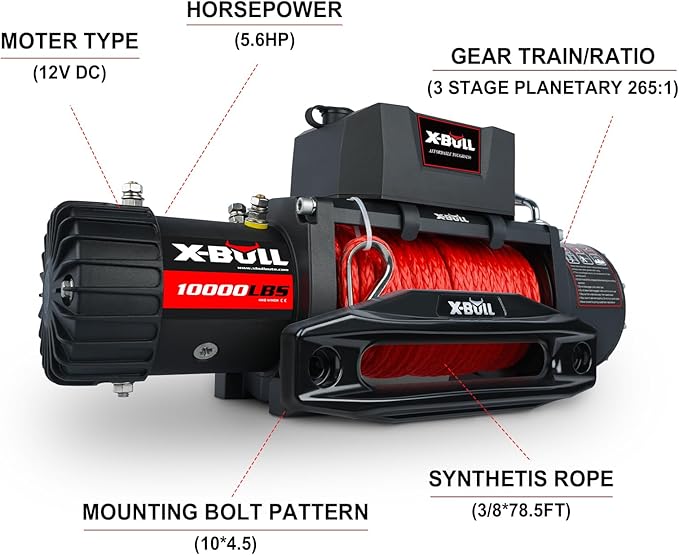 X-BULL Winch 10000 lb. Load Capacity Electric Winch Kit 12V Synthetic Rope,Waterproof Electric Winch with Hawse Fairlead, with Wireless Handheld Remote and Corded Control Recovery
