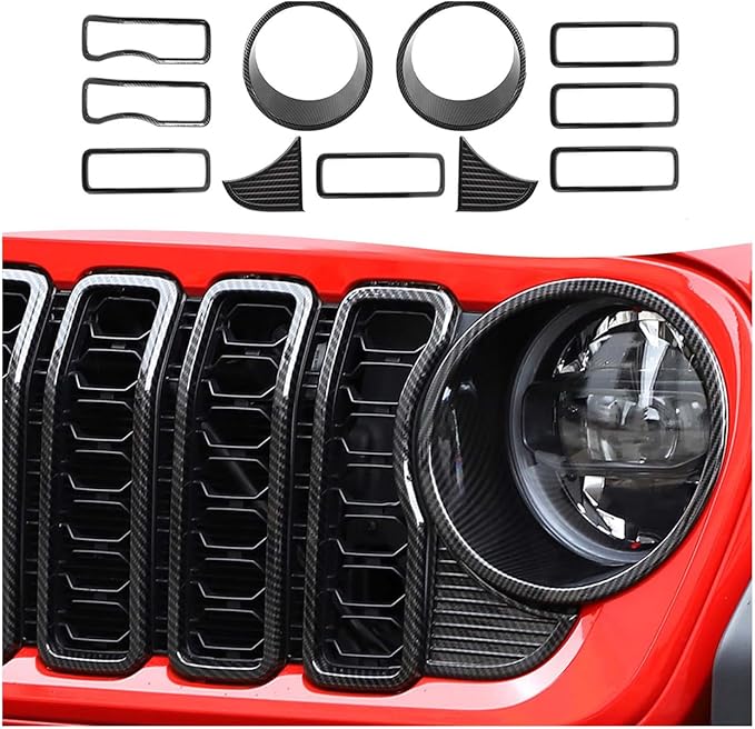 Front Grille Grill Insert+Headlight Turn Light Cover Trim Fit for 2024-2025+ Jeep Wrangler JL JLU & Gladiator JT,Not Fit for JL Sport & Sports (Carbon Fiber)