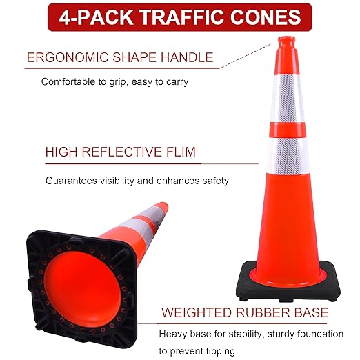 OrangeStar 4 Pack 28" Orange Traffic Cones, PVC Parking Construction Safety Cones w/Reflective Collars Heavy Duty Rubber Base for Driving Practice, Parking Lots and Roadwork