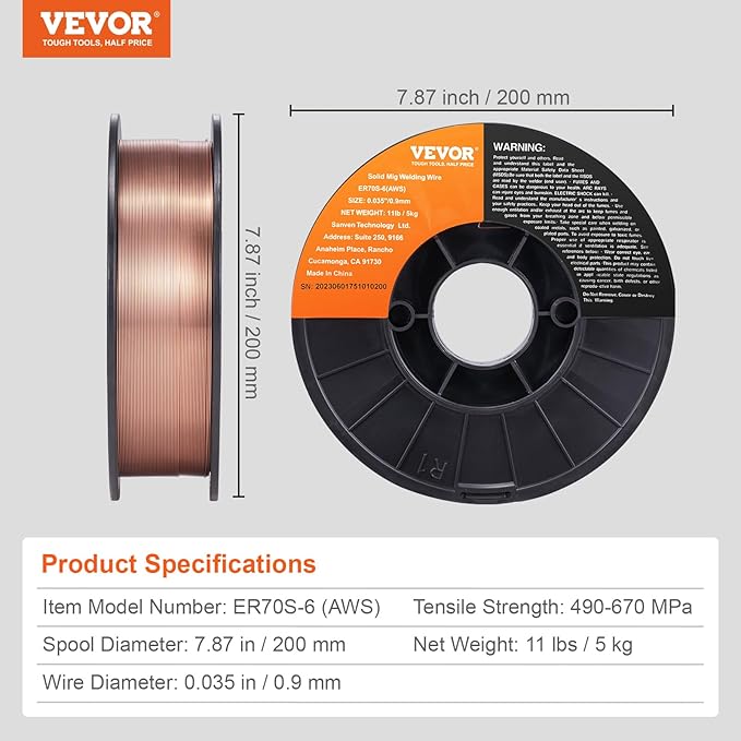 VEVOR Solid MIG Welding Wire, ER70S-6 0.035-inch 11LBS with Low Splatter and High Levels of Deoxidizers for All Position Gas Welding