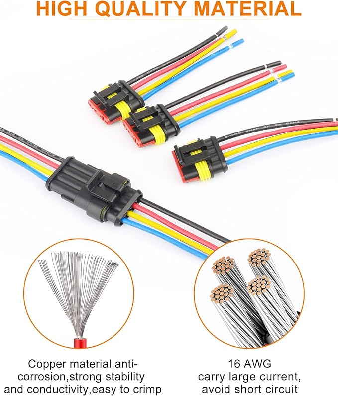 NAOEVO 4 Pin Connector Waterproof, 16 AWG 4 Wire Connectors, Automotive Electrical Connectors Male and Female Way with Heat Shrink Tubing for Car Truck Boat Wire Connection, 6 Kits