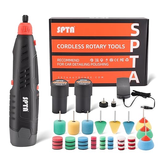 Cordless Rotary Tool, SPTA Cordless Mini Car Polisher, 36Pcs 12V Li-ion Battery IVT 5,000-25,000 RPM Small Buffer Polisher Polishing Foam Pad Set for Polishing Sanding