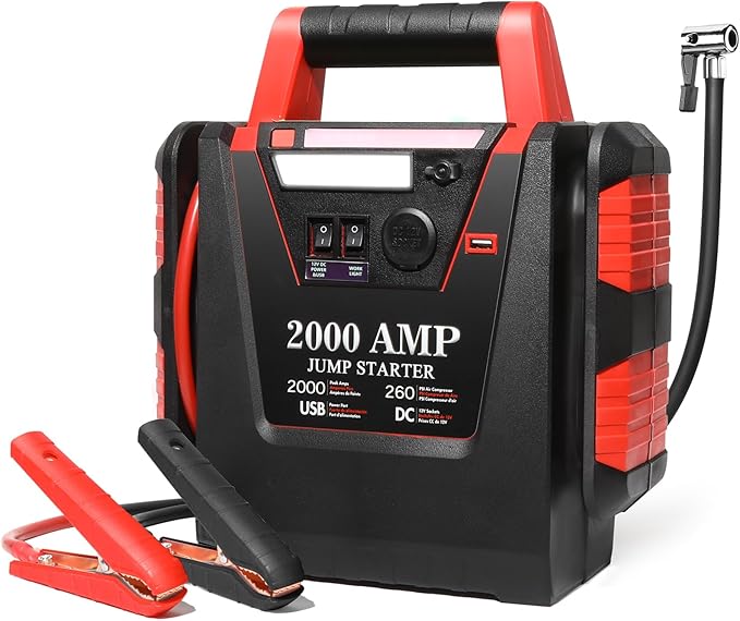 Jump Starter with Air Compressor,2000A Car Battery Jumper Starter 260 PSI Tire Inflator,6 in 1 Auto Lead-Acid Battery Booster Jump Starter for Up to 10.0L Gas or 8.0L Diesel with LED Light