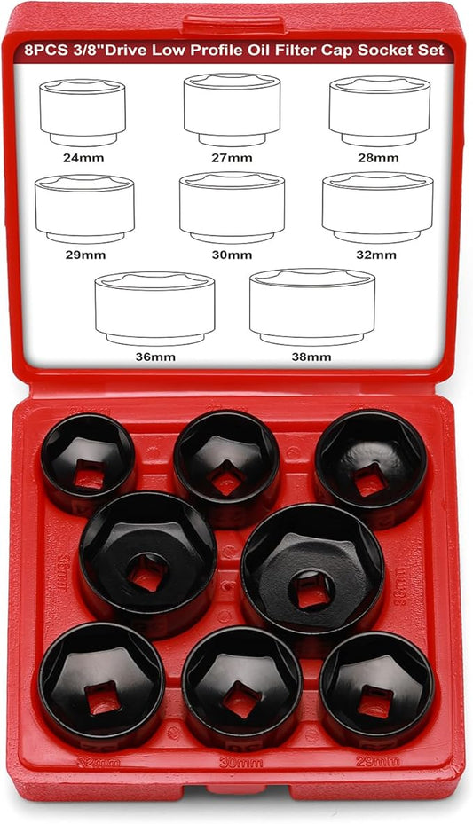 Mayouko 8 Pieces 3/8" Drive Low Profile Oil Filter Cap Wrench Socket Set, 24mm, 27mm,28mm,29mm,30mm,32mm,36mm,38mm,CR-V, Oil Filter Cap Remove and Install Tool Kit