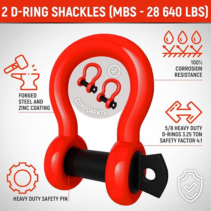 MiolleGear Tow Strap 2”x20’- 20990 lbs MBS (Lab Tested) Recovery Strap Kit Includes: Tow Rope, 2 D-Ring Shackles 5/8 MBS- 28640LBS, Storage Case