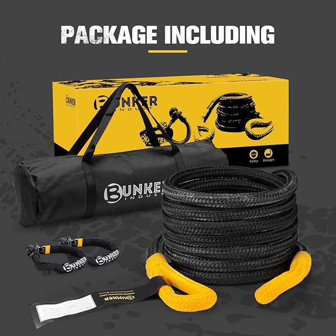 BUNKER INDUST 1.25"×30ft Kinetic Recovery Rope with 2 Soft Shackle Kit, 55000lbs Nylon Tow Rope Heavy Duty Snatch Strap Offroad Recovery Kit for 4x4 Jeep Truck ATV UTV SUV