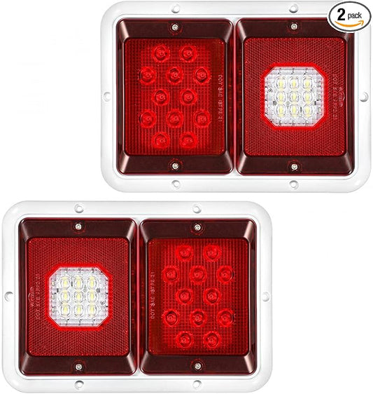 Partsam 2x Horizontal Mount Dual Stop Turn Tail Backup Reverse Lights 33 LED Surface Mount RV Double Led Taillight 12V IP67 White Base w Gasket
