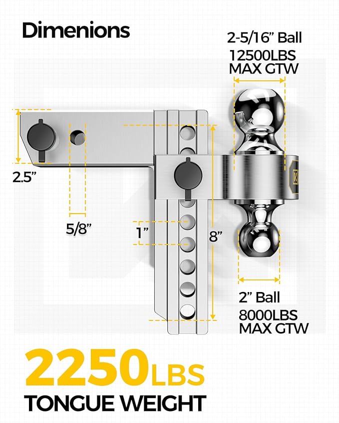 KYX Adjustable Trailer Hitch-Drop Hitch 8" Drop/Rise for 2.5" Receiver, 18500 lbs GTW Heavy Duty Towing Ball Mount with 2" and 2-5/16" Hitch Balls, Anti-Theft Locking Pin, Aluminum Truck Tow Hitches