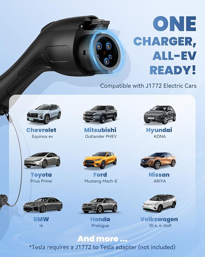 Level 1&2 EV Charger, 16A Electric Car Charger | Adjustable Current | Reservation Charging | NEMA 6-20 Plug & 5-15 Adapter | 100V-250V | Dual Temp Control | Safe, Fast Charging for J1772 Vehicles