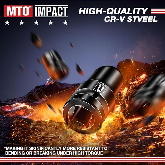 MTO 1/2" Drive 11mm Shallow Impact Socket, 6-Point Metric Socket for Automotive Maintaince, CR-V Steel Meets ANSI Standards