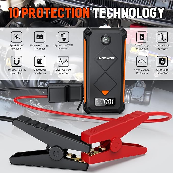 Acmount P110 Car Jump Starter, 5000A Peak Lithium Jump Starter Battery Pack for Up to 10.0L Gas or 8.0L Diesel Engine, Safe 12V Portable Battery Starter Power Pack with LED Screen & LED Light - Orange