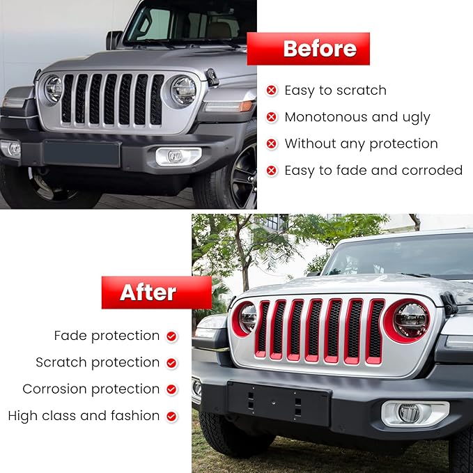 Front Grille Mesh Inserts & Headlight Cover for Jeep Wrangler JL JLU Sport & Sport S Only 2018-2023 Exterior Accessories Clip-in Grille Guard Cover Headlight Bezels Trim Ring (Red 9PCS)
