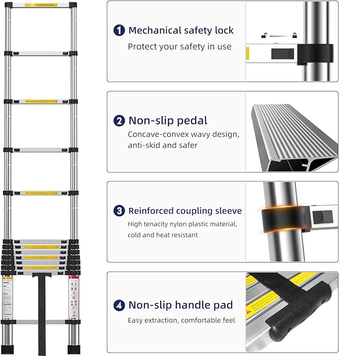 12.5FT Telescoping Ladder- Multi-Purpose Aluminum Extension Ladder Adjustable Compact Ladder for Household, RV, Outdoor, 330lbs Max Capacity