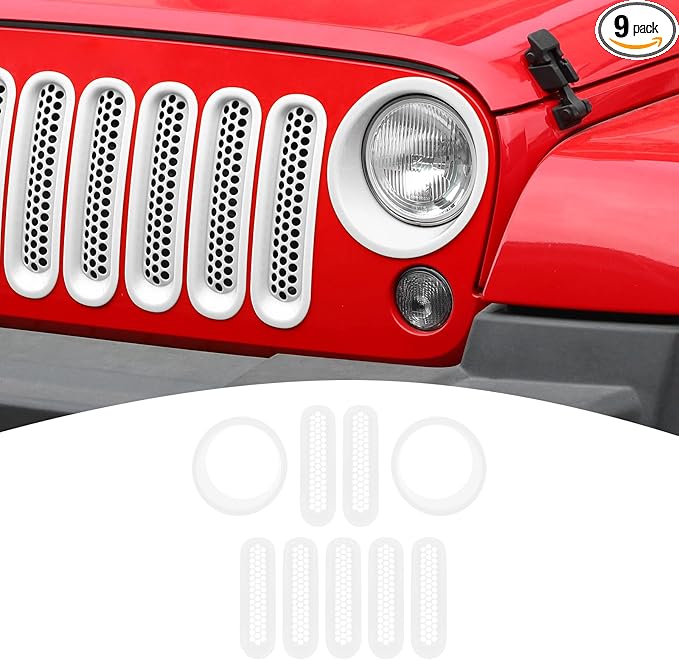 for Jeep JK Front Grille Inserts & Headlight Cover Trim Ring for Jeep Wrangler JK JKU 2007-2017 White Exterior Accessories 9pcs