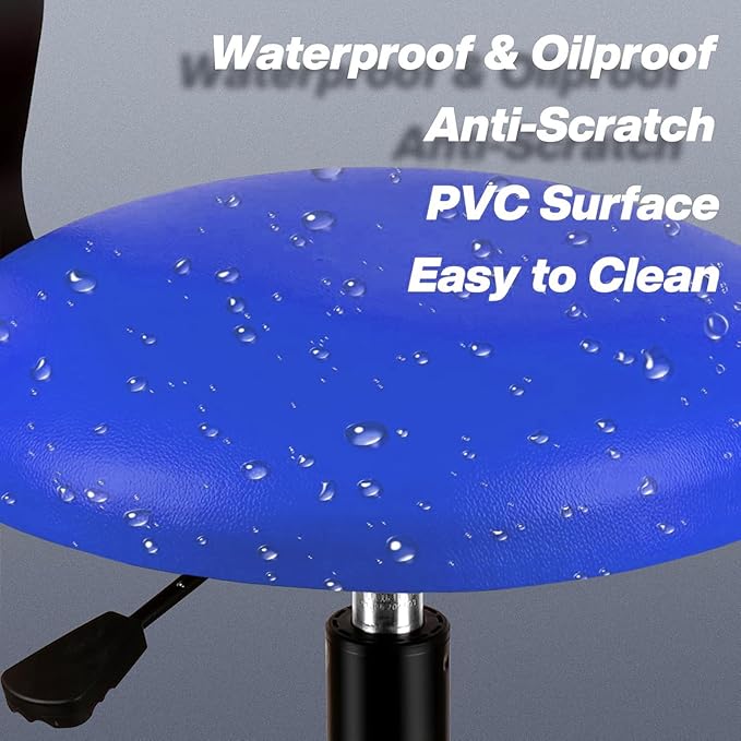 Shop Stool with Backrest, Mechanic Garage Stool for Workshop, Adjustable Shop Stools Chair, Padded Workbench Stools for Men Women, 300 LBS Capacity, 360° Swivel PVC Seat, Heavy Duty, Blue