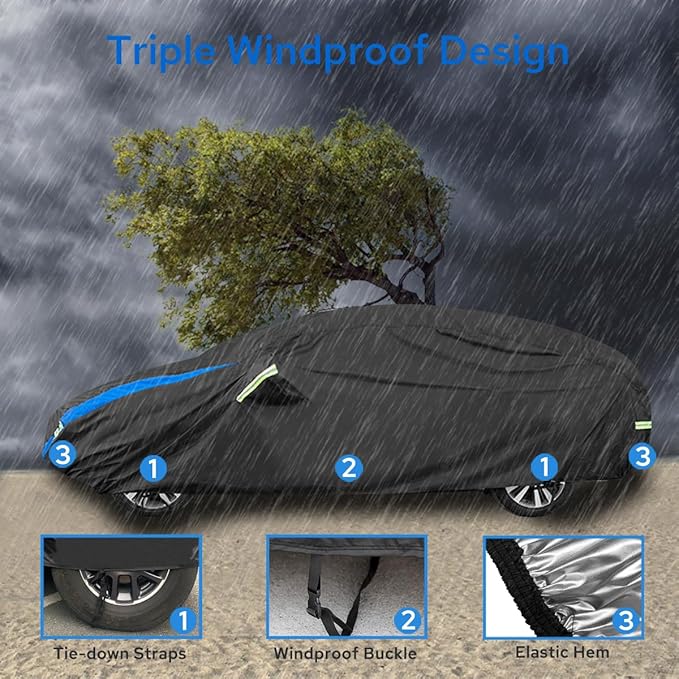 Avecrew Car Cover for Tesla Model 3 2017-2025, Custom Fit Full Exterior Cover with Charging Port and Breathable Ventilation Mesh, Waterproof All Weather Outdoor Rain Snow Sun Protection Cover