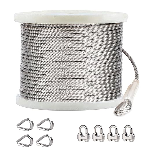 1/4 Stainless Steel Cable, 200ft Wire Rope with Wire Rope Clamps and Thimble, 6400lbs Breaking Strength, 7X19 Strands Aircraft Cable for Yard Zipline, Deck Railing, Boat Lifts