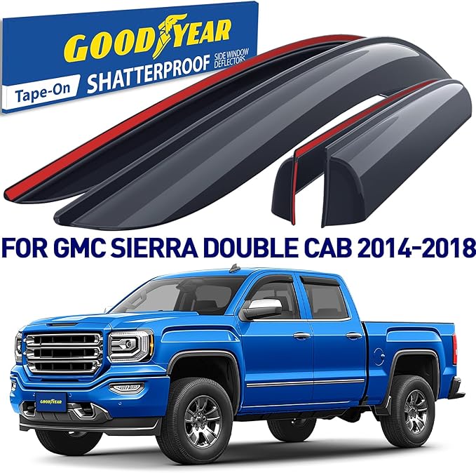 Goodyear Shatterproof Window Deflectors for GMC Sierra 2014-2018 Double Cab, Tape-on Rain Guards, Window Visors, Vent Deflector,Vent Visor,Truck Accessories 4pcs- GY003104LPv