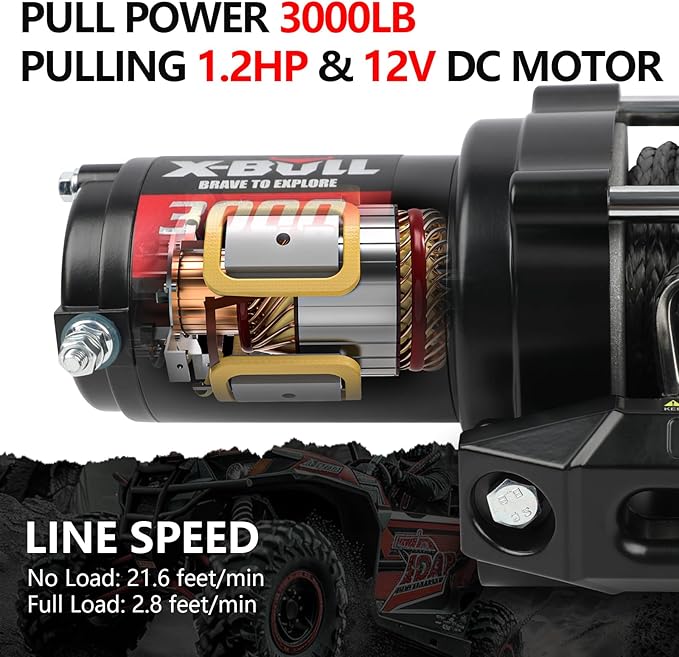 X-BULL New 12V DC 3000LBS IP68 Waterproof Electric Winch for Towing ATV/UTV, Boat, Off Road, Wireless Remote and Corded Control Recovery, Portable Synthetic Rope Electric Winch with Hawse Fairlead.
