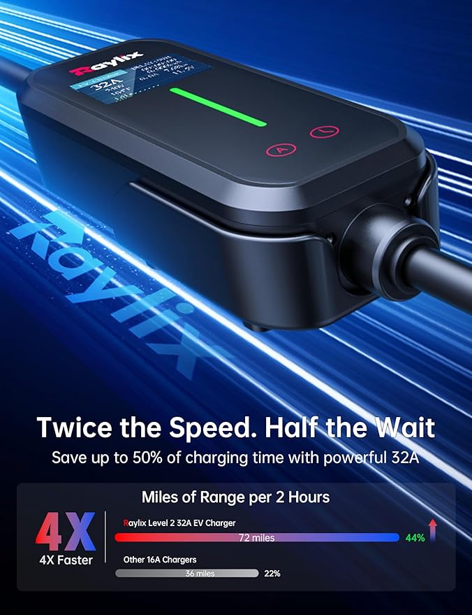 Raylix 32A Level 2 Fast Charger for Tesla, Adjustable Current, Delay Charge, Smart Display, 7.68KW Mobile/Home Charger for Tesla, 21ft Cable, Connector for Model X/Y/3/S/Cybertruck, NEMA 14-50 Plug