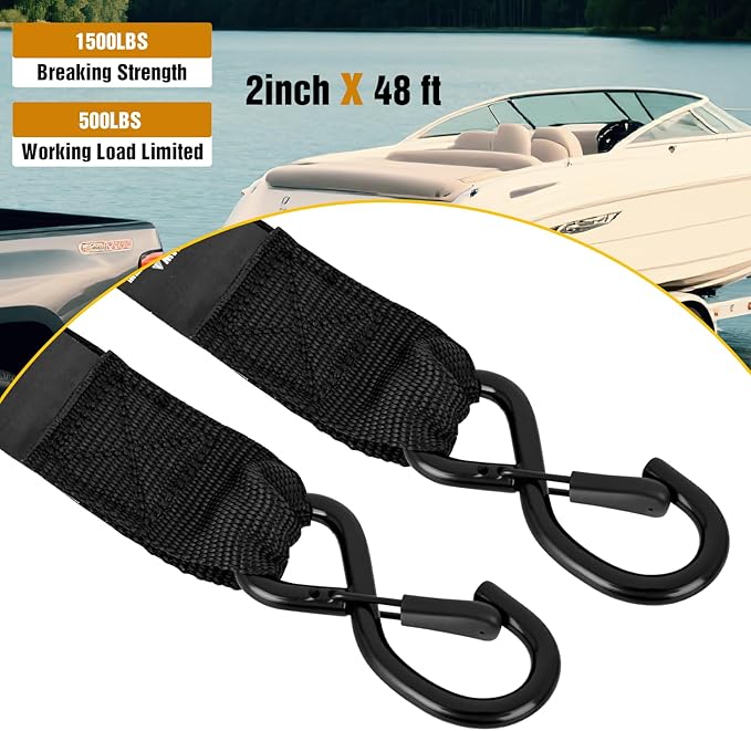 Nilight Tie Down Kits 2 PCS Heavy Duty 2 Inch x 48 Inch Adjustable Boat Trailer Straps 1500 LBS Max Break Strength for Trailering Safety with Boat Jet Ski Kayak Secure Black