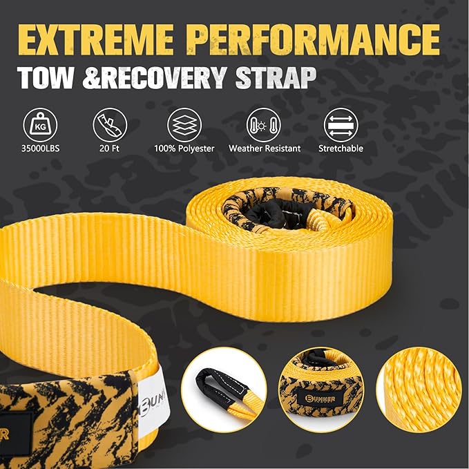 BUNKER INDUST Heavy Duty Tow Strap Recovery Kit, 3" x 20ft Recovery Straps + Pair 3/4 D Ring Shackles + Bag 35,000 lbs Tree Saver Winch Strap - Emergency Vehicle Off Road Towing Rope