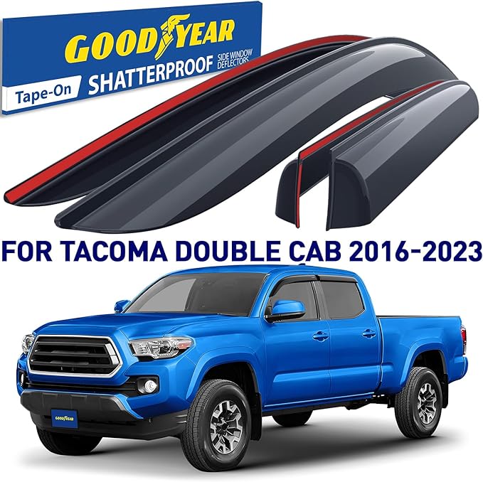 Goodyear Shatterproof Window Deflectors for Toyota Tacoma 2016-2023 Double Cab, Tape-on Rain Guards, Window Visors, Vent Deflector,Vent Visor,Truck Accessories, 4pcs - GY008652