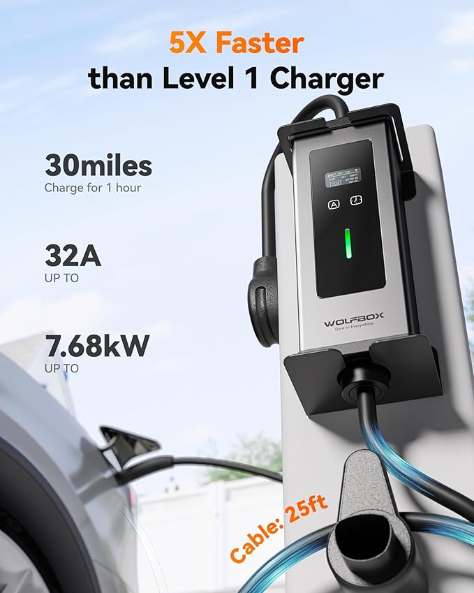 WOLFBOX Level 1&2 Tesla Charger 32A,Portable ev Charger Station with ETL Certified,25FT Cable,NACS,208V-240V,NEMA 14-50R Plug Adapter(PE32T)