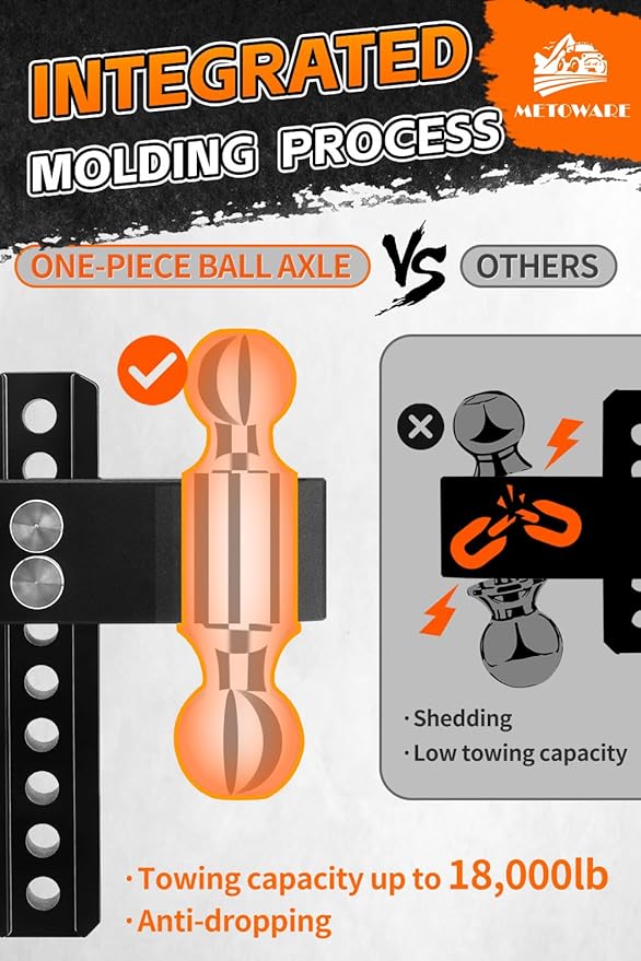 METOWARE Adjustable Trailer Hitch - Aluminum Tow Hitch Fits 2.5-Inch Receiver - Heavy Duty Drop Hitch with 8-Inch Drop/Rise for Truck (18,000 LBS GTW), Double Stainless Steel Locks & Hitch Pin (Black)