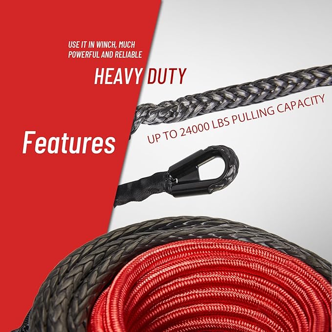 Black Synthetic Rope Winch Rope 3/8 inch x 80 feet, 24000lbs Winch Rope Cable Kit, Winch Line with Protective Sleeve for 4WD Road Vehicle Truck SUV Jeep