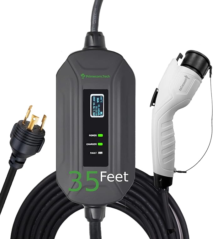 PRIMECOM Level 2 Electric Vehicle (EV) Charger (220V / 240Volt, 16Amp) Portable EVSE Smart Electric Car Charger, 30', 40', and 50 Feet Lengths (NEMA L6-30P, 35 Feet)