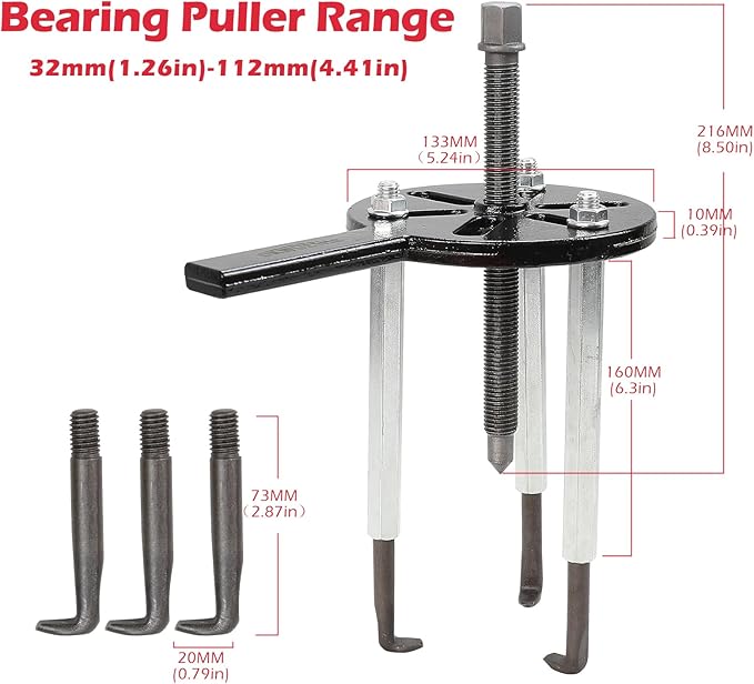 Bearing Puller Kit, Inner Hole 3-Jaw Puller with Curved Hook and Steel Collet Multi-Function Bearing Removal Tool