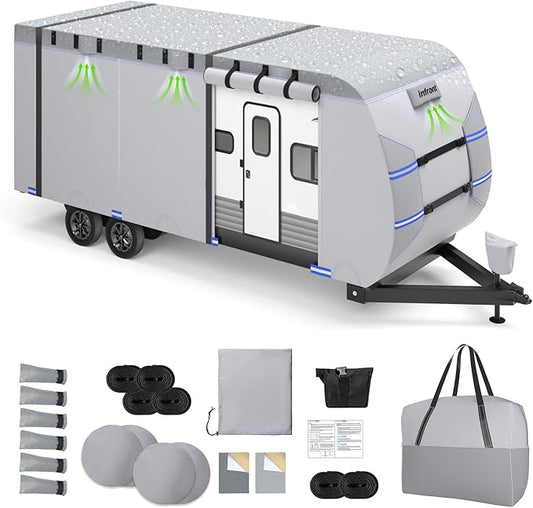 RV Cover 30-33ft, Heavy Duty 7 Layers Travel Trailer Cover, Rip-Stop Camper Cover with Windproof Straps, 4 Zippered Access Panels Design, Carry Bag, 4 Tire Covers, Gutter & Tongue Jack Covers