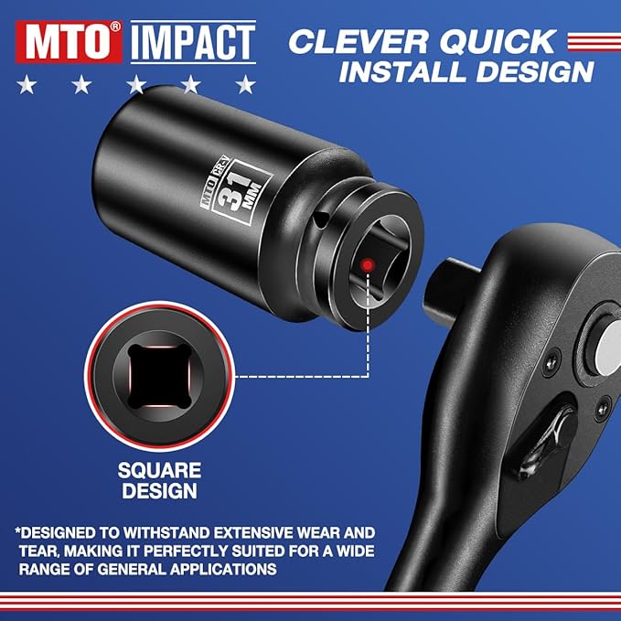 MTO 1/2" Drive 31mm Deep Impact Socket, 6-Point Metric Socket for Automotive Maintaince, CR-V Steel Meets ANSI Standards
