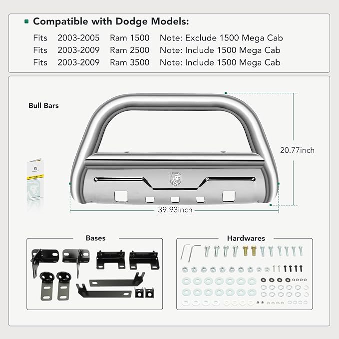 YHTAUTO 3.5" Bull Bar Push Bar with Skid Plate Light Mount Fit Dodge Ram 1500 2009-2018, Ram 1500 Classic 2019-2023, S/S 304 Brush Guard for Truck Front Bumper Off Road Accessories