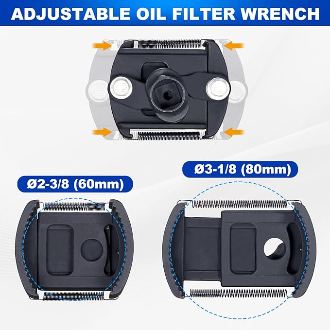 Spurtar Adjustable Oil Filter Wrench 2-3/8 to 3-1/8 inch 60-80mm Universal Oil Filter Removal Tool 1/2'' Drive Cap Style Oil Filter Tool Fits Small Medium-sized Spin-on Oil Filters UTV JetSkis