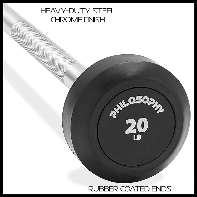 Philosophy Gym Rubber Fixed Barbell, Pre-Loaded Weight Straight Bar for Strength Training & Weightlifting