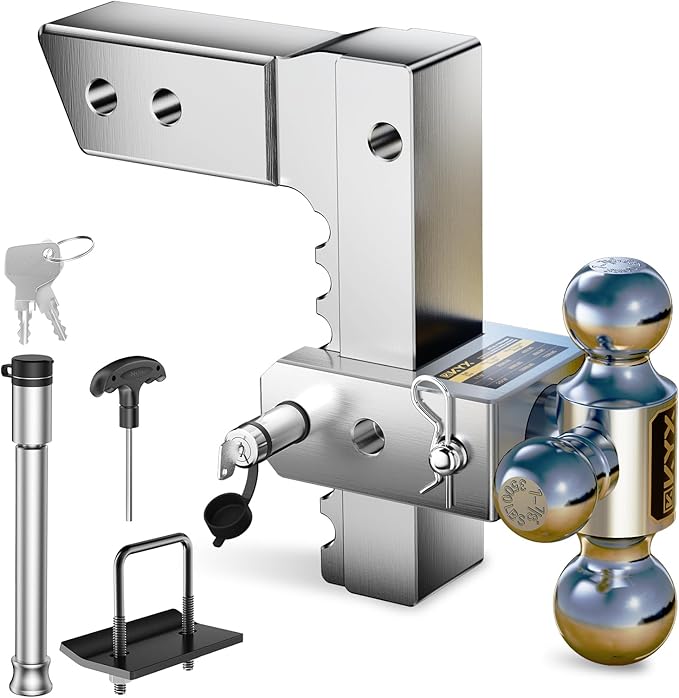 Adjustable Drop Hitch for 2" Receiver, 8" Drop Trailer Hitch, Tri-Ball (1-7/8" 2" 2-5/16"), 12500 lbs GTW, Double Anti-Theft Lock Pins, Aluminum Ball Mount for Trucks & Trailers