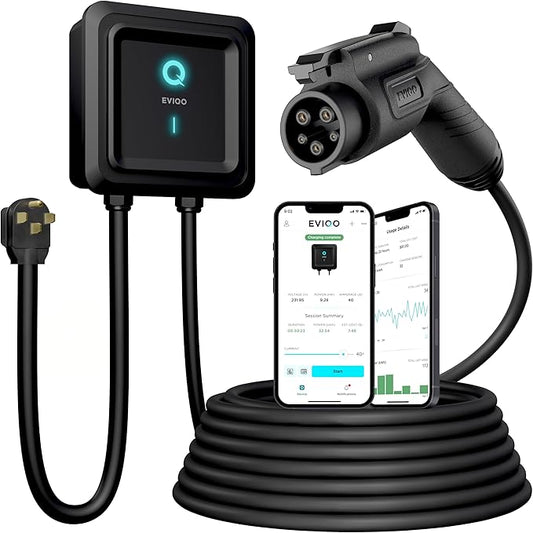 EVIQO Level 2 EV Charger 48 Amps – Wall EV Charger Level 2, NEMA 14-50 Plug, J1772 25' Cable, Enhanced Wi-Fi – UL, Energy Star and ETL Certified EVSE, Smart Car Charging Station - 240V (11.5 kW)