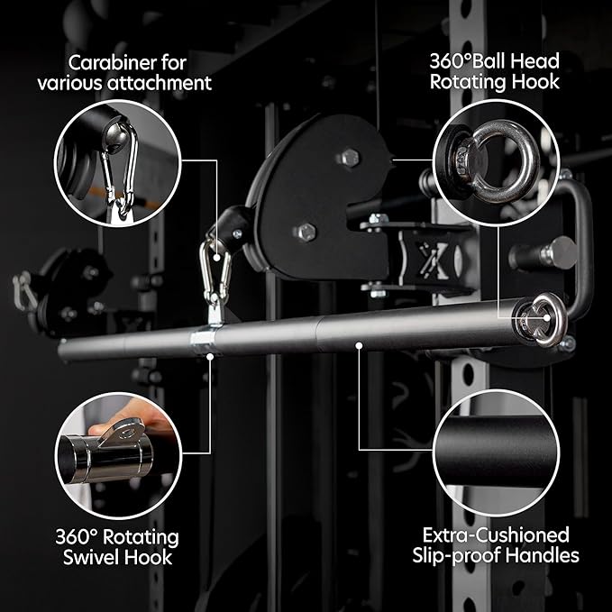 AmStaff 48" Straight Ez Curl Lat Pull Down Bar with Revolving Double Hook for Dual Pulley Cable Machines, Functional Trainer Multi-Purpose Attachment