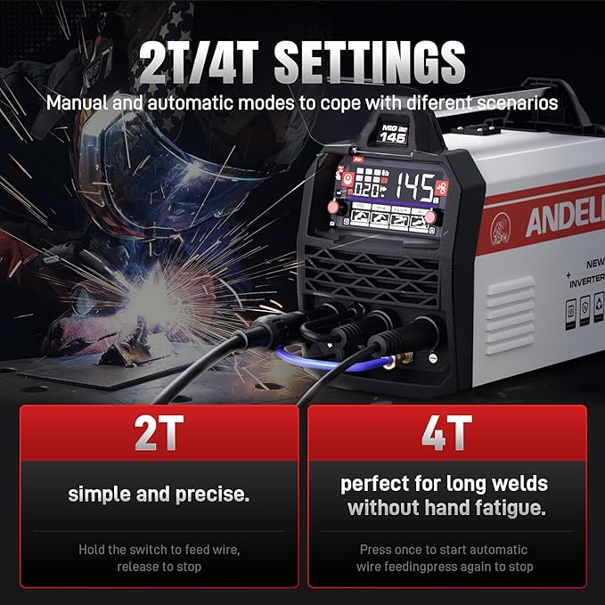 ANDELI 145A MIG Welder 4-in-1，110V/220V Dual Voltage [Large LED Display]Gas MIG/Flux Core MIG/Lift TIG/Stick Multiprocess MIG Welding Machine with Synergy，Full Kit (Bonus MIG Wire&FluxCore Wire)