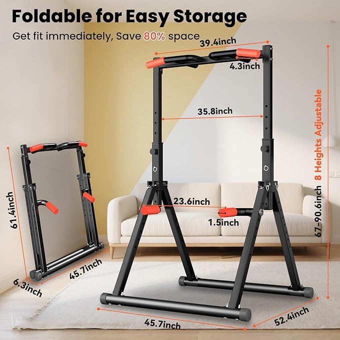Power Tower Pull Up Dip Station Foldable, Pull Up Bar Station Adjustable, Multi-Function Home Gym, Strength Training Fitness Equipment, Triangular Design, for Home Outdoor