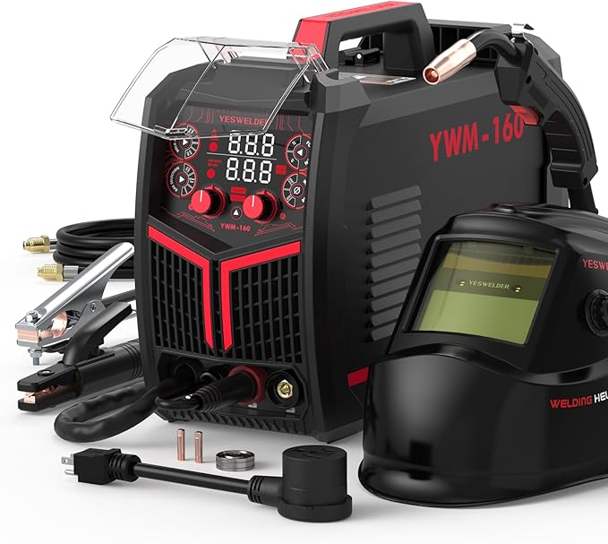 YESWELDER YWM-160 MIG Welder, 4-in-1 Flux Core/MIG/Lift TIG/Stick, Synergic Control 110V/220V 160A Multiprocess Welding Machine & LYG-L600A Auto Darkening Blue Light Blocking Welding Helmet