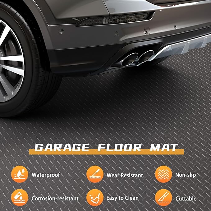 Boshen 5x17FT Garage Floor Mat, 2.5mm Thickened Diamond Plate PVC Rubber & Vinyl Flooring Roll, 85 SQFT Non-Slip Rubber Garage Mat for Floor Under Car Protection - Grey