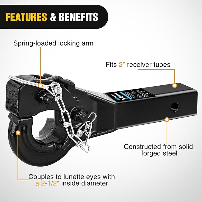 Nilight 10-TON Pintle Hitch for 2-Inch Receiver Hook Military Receiver 20000LBS,Fits 2-1/2 in Lunette Ring, Gloss Black Powder Coat