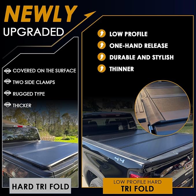 Low Profile Hard Tri Fold Tonneau Cover Truck Bed Cover for 19-26 Chevy Silverado/GMC Sierra 1500 5.8ft Bed, Heavy-Duty Locking Drill-Free Install Waterproof Fiberglass Anti-Theft Security (69.3")