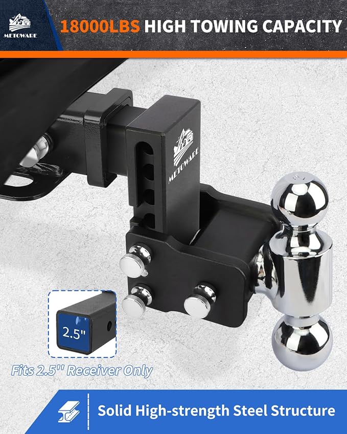 METOWARE Adjustable Trailer Hitch - Drop Hitch - Tow Hitch Fits 2.5 inch Receiver - 4inch Drop/Rise, 2" & 2-5/16" Ball Hitches for Trucks, 18,000 LBS GTW, Trailer Hitches with Anti-Theft Pin Lock