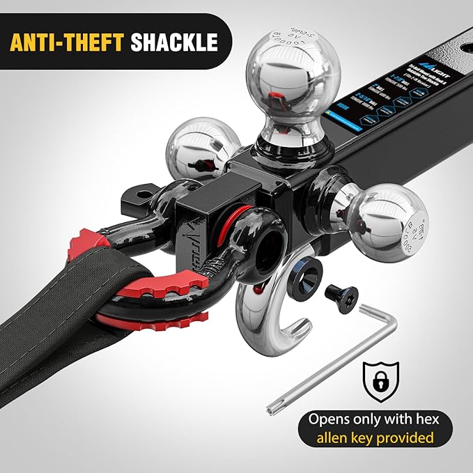 Nilight Trailer Hitch Tri-Ball Mount with Hook and Rotatable Tow Anti-Theft 3/4” Shackle Fits for 2inch Receiver Ball Size 1-7/8” 2” 2-5/16” GTW from 5000lbs to 10000lbs for RV SUV ATV Truck